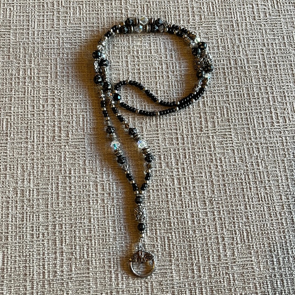 Bundle this!  Black and silver beaded name tag/readers holder.  30in length